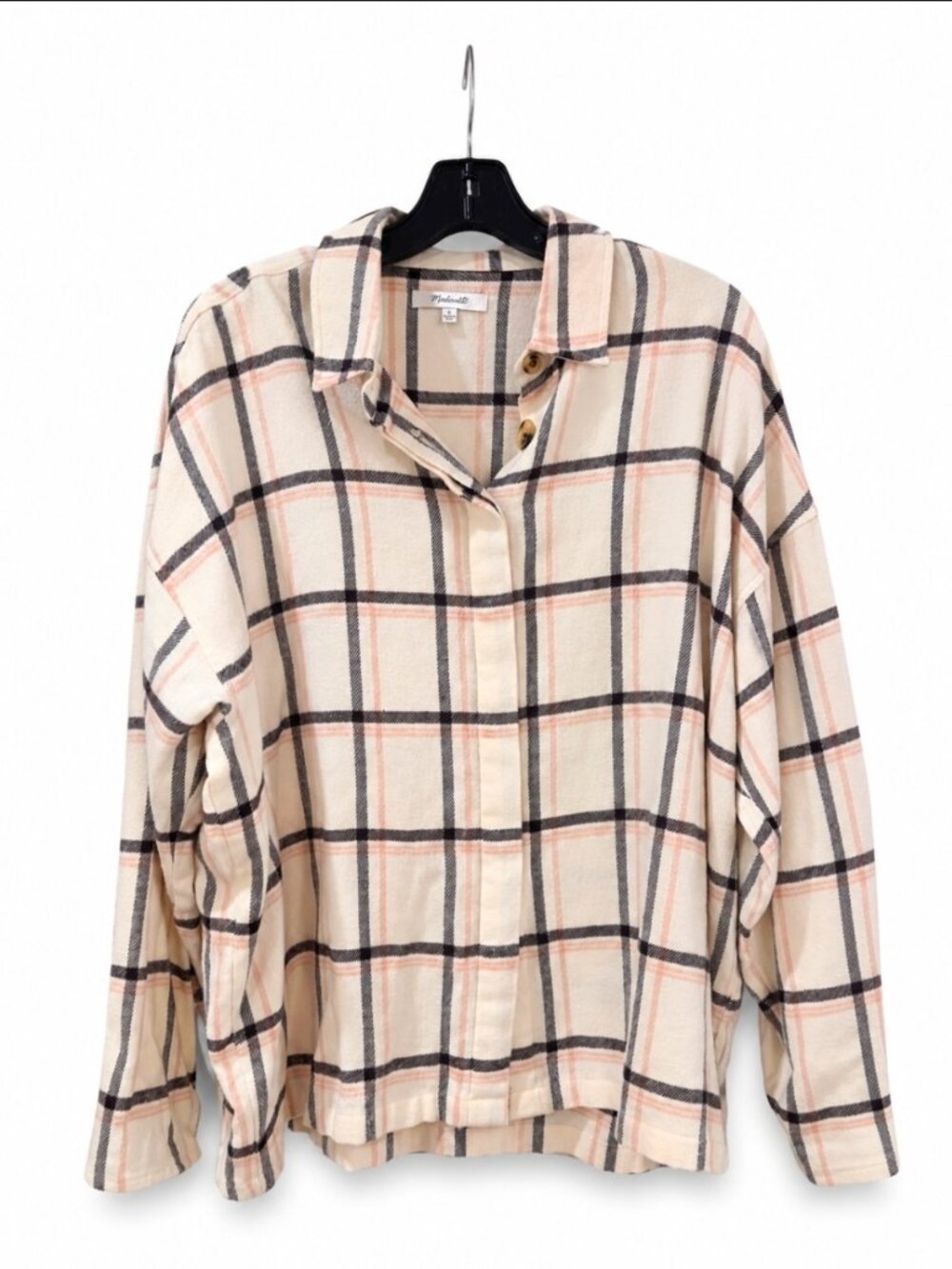 Madewell Daily Button-Up Plaid Flannel Shirt Cream Pink Black Size M